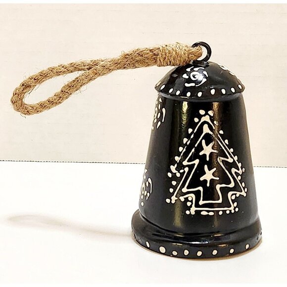 Swedish Christmas Bell Metal Hand Painted Black & White Christmas Tree Jute 5" - Picture 3 of 10